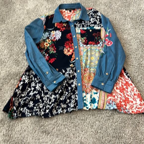 EUC Caleoas Mixed Media‎ Patchwork Drapey Button Down Top Blouse Large L Boho - Picture 12 of 16